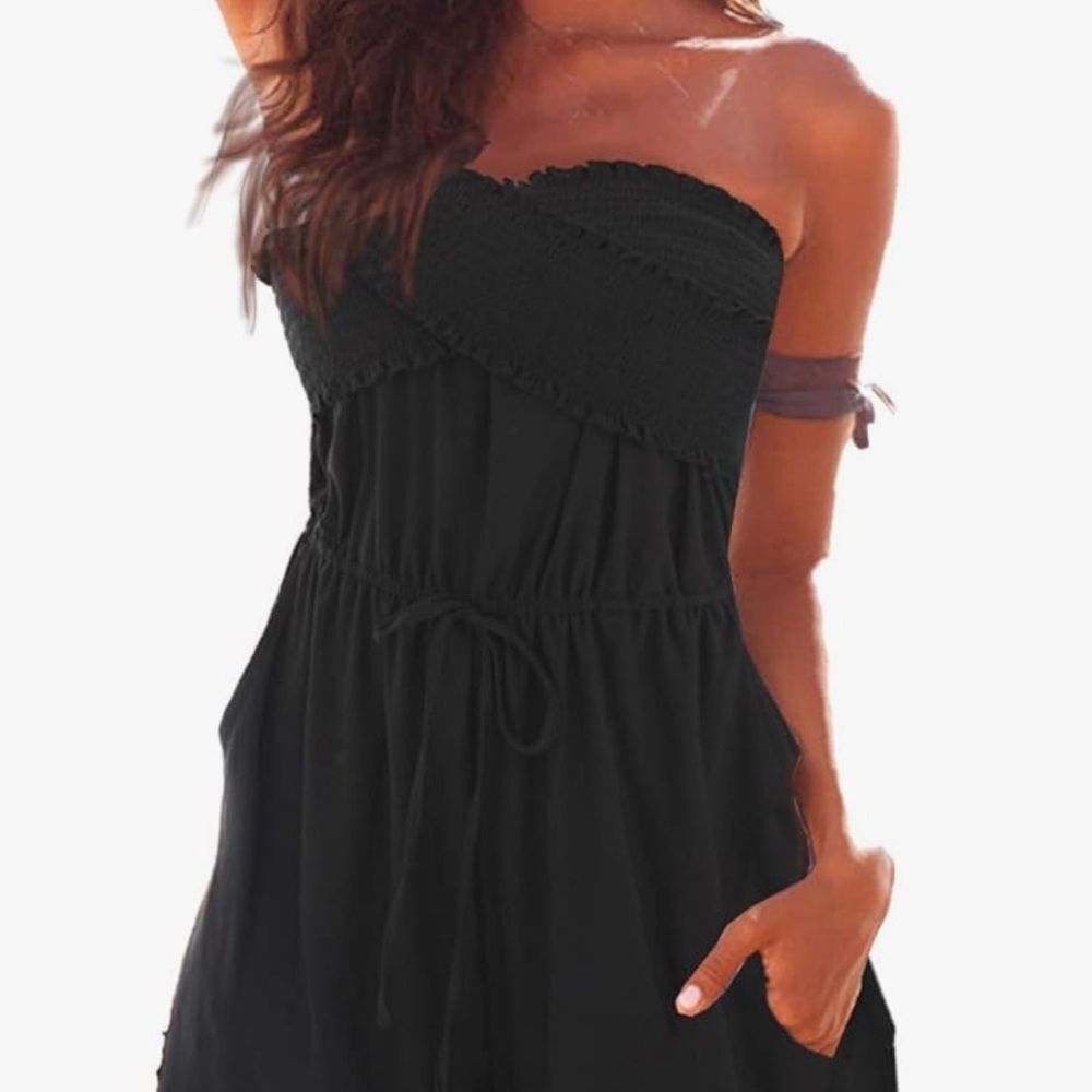 Women’s Romper - Strapless, Crimp Tube Top, Drawstring Waist - Black - OS - New